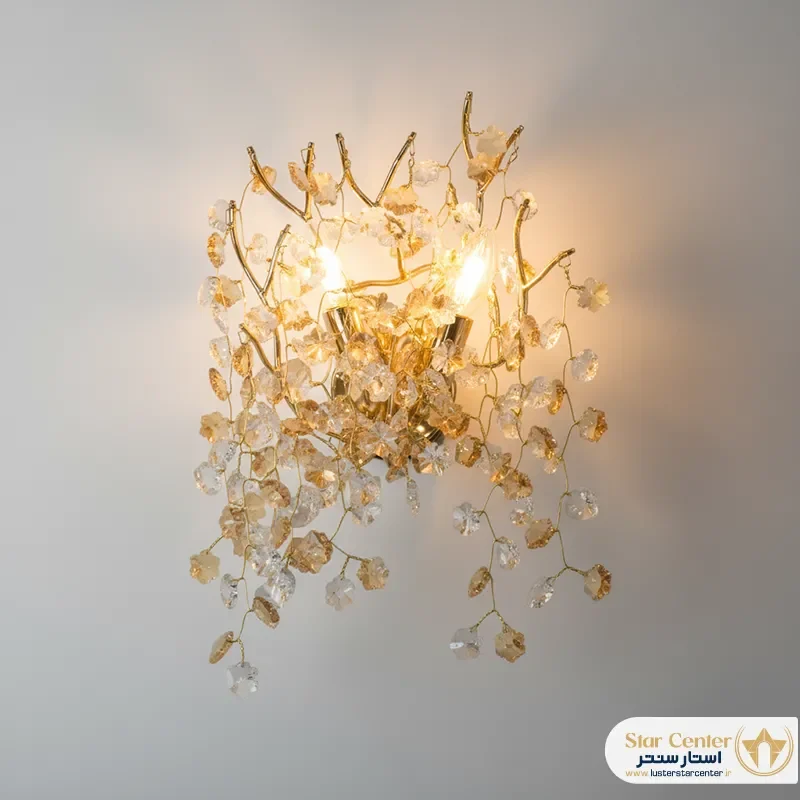 دیوارکوب درختی نئوکلاسیک لیفوریا مدل طلایی با آویز کریستال سفید