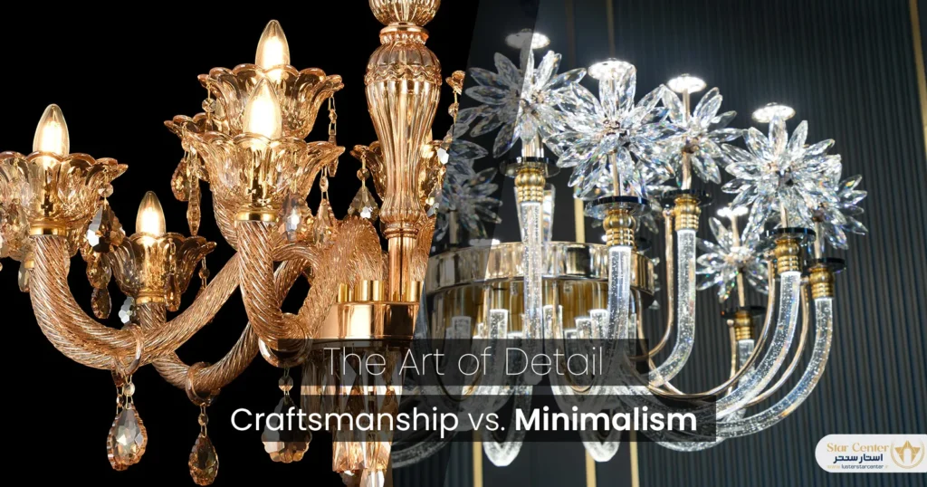 نمای نزدیک از جزئیات لوستر کریستالی کلاسیک در مقابل سادگی لوستر مینیمال مدرن