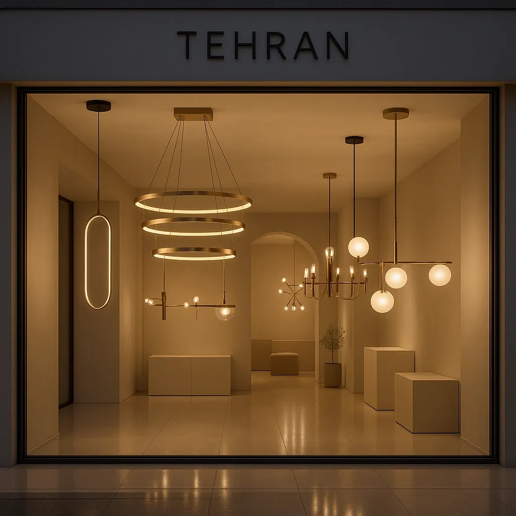 نمای فروشگاه لوستر مدرن تهران با لوسترهای خطی و ریسهای؛ طراحی مدرن از مجموعه استار سنتر