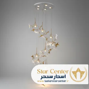 لوستر ریسه ای مدرن کریستالی پتالیا با بدنه طلایی و سفید
