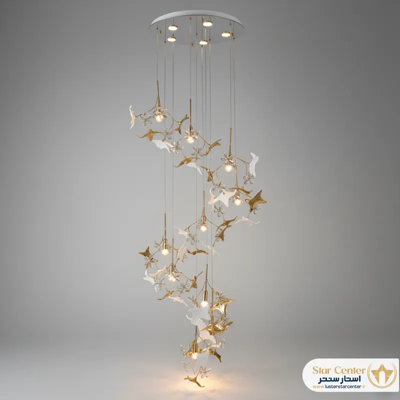 لوستر ریسه ای مدرن کریستالی پتالیا با بدنه طلایی و سفید