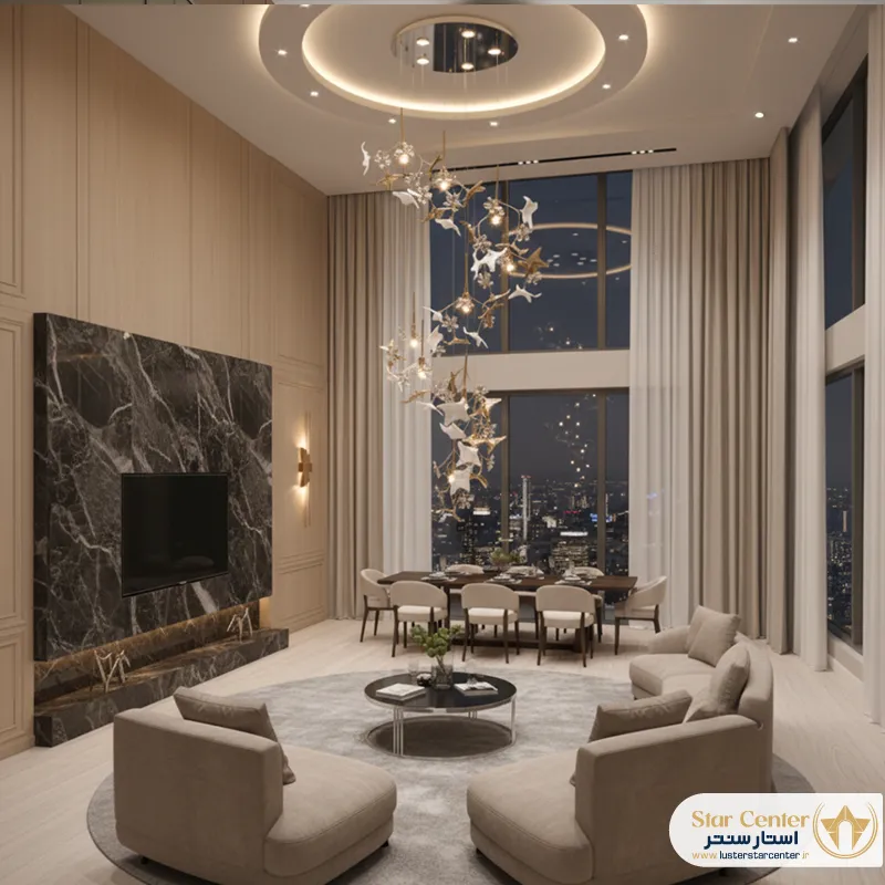 نصب لوستر ریسه ای مدرن پتالیا در فضای وید یک خانه لوکس