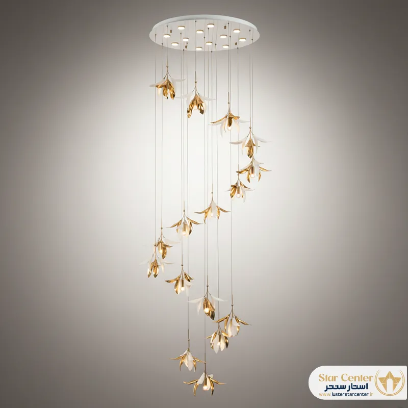 لوستر ریسه ای مدرن سرامیکی پتلایا با بدنه طلایی و قطعات سفید